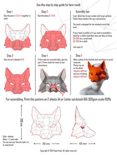 the instructions for how to make an origami fox mask with different shapes and sizes