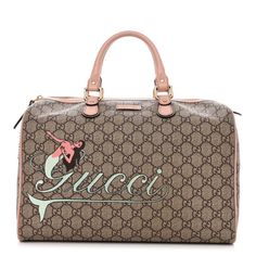 This is an authentic GUCCI GG Plus Monogram Mermaid Medium Joy Boston in Pink. This Boston style handbag is crafted of Gucci GG monogram coated canvas with a mermaid Gucci logo. The bag features pink patent leather rolled top handles and trim with polished brass hardware. The top zipper opens to a tan fabric interior with a patch pocket. Gucci Coated Canvas Bag With Logo, Rectangular Bags With Designer Logo, Monogram Canvas Bag With Logo, Boston Style, Mermaid Bag, Boston Fashion, Dream Bags, Tan Fabric, Gg Monogram