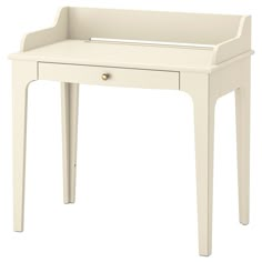 a white desk with a drawer on the top and legs, in front of a white background