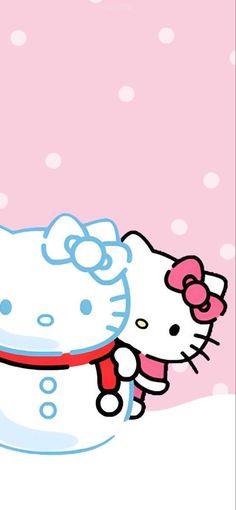 a hello kitty wallpaper with a snowman in the foreground and a pink background