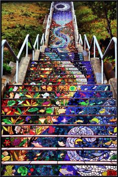 the stairs are painted with colorful designs