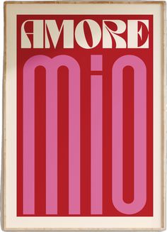 a red and white poster with the word more on it's front side, in pink