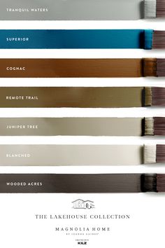 the lakehouse collection paint swatches are all different shades of blue, brown, and white