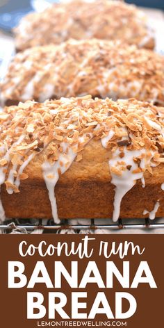 two banana breads on a cooling rack with coconut rum drizzled over them