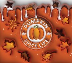 a pumpkin spice life logo surrounded by fall leaves and candies on an orange background