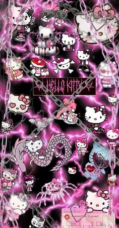 an image of hello kitty wallpaper with pink and purple colors on the back ground