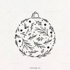 a black and white drawing of a christmas ornament with holly leaves on it