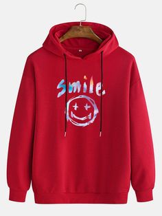 Mens Graffiti Smile Print Drawstring Casual Pullover Hoodie - Trendha Pocket Pattern, Printed Drawstring, Red Hoodie, Casual Pullover, Colorful Hoodies, Pullover Hoodie, Sleeve Styles, Graffiti, Loose Fitting