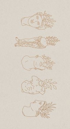 three drawings of people with flowers in their hair, and one drawing of a woman's head