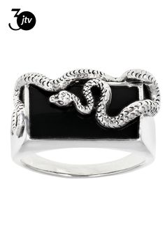 18x9mm Baguette Black Onyx Rhodium Over Sterling Silver Men's Snake Ring. Measures Approximately 0.96"L x 0.51"W. Oxidized. Not Sizeable. Finished Undergallery. Snake Ring, Sterling Silver Mens, Silver Man, Black Onyx, Onyx, Sterling Silver, Ring, Silver, Black