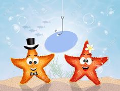 two starfishs in the sand with bubbles and a fishing hook