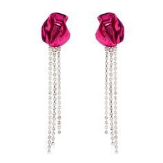 Inspired by the works of Georgia O'Keeffe, the Georgia Earrings feature sculptural folds in vibrant metallic pink. These floral-inspired earrings are accented with cascading clear crystals. Why We Love It These statement earrings are lightweight and swingy– perfect for a night out or Monday meetings because why not? Details Ceramic coated brass Crystal 5.5" drop Sterling silver earring post and butterfly fastening Item includes suede jewelry pouch and box Handcrafted in New York City Shipping Ships within 1-2 working days. Pink Drop Earrings For Evening, Georgia Earrings, Crystal Fringe, Suede Jewelry, Gold Vermeil Jewelry, Georgia O Keeffe, Floral Studs, O Keeffe, Earring Post