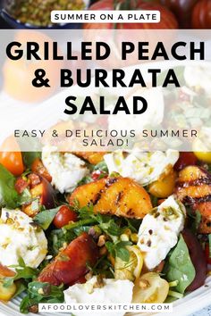 grilled peach and burrata salad with text overlay