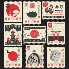 Japan Design Graphic, Asian Symbols, Cultural Design, Japanese Symbols, طوابع بريد, Japanese Stamp, Postage Stamp Design, طابع بريدي