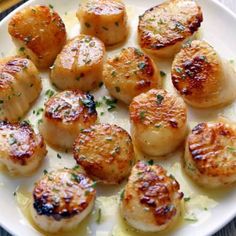 some scallops are sitting on a white plate