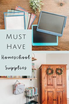 homeschool supply cabinet, bookshelves and rolling cart, and supplies laid out on a wood surface Homeschool High School Curriculum, Preschool Supplies, Homeschool Decor, Homeschool Books