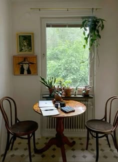 a small table with two chairs and a potted plant on it in front of a window