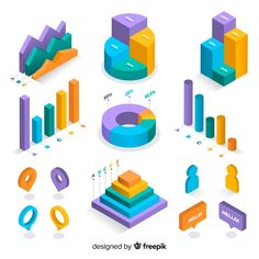 various colorful 3d shapes and numbers on a white background, including pies, bars, graphs