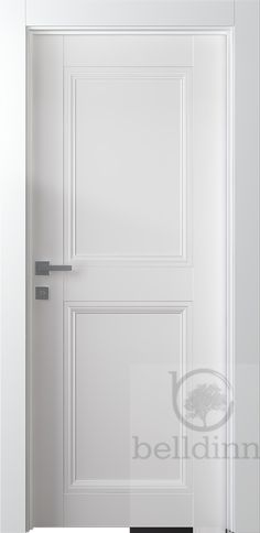 a white door with a metal handle on the front and side panels, in an empty room