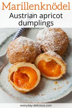 an image of some desserts on a plate with the words marlien knodel austrian apricot dumplings