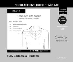 the necklace size guide is shown in black and white, with an image of a woman's torso