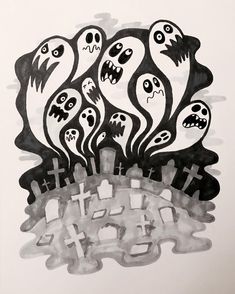 a black and white drawing of halloween ghostes with tombstones in the background,