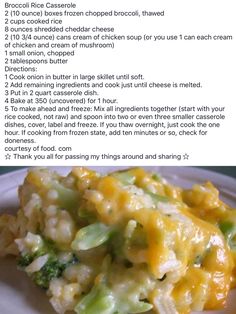 broccoli rice casserole recipe on a white plate with text overlay