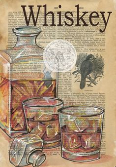 an old book page with two glasses and a bottle on the cover that says whiskey