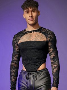 Black Sexy Collar Long Sleeve Knitted Fabric Plain  Embellished Slight Stretch  Men Clothing Clubbing Outfits Men, Beyond Wonderland Rave, Rome Fits, Spicy Clothes, Mode Queer, Gay Clothes, Male Lingerie, Prince Aesthetic, Sacred Love