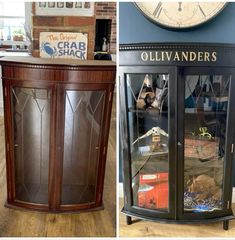 two pictures side by side one has a curio cabinet and the other has a clock