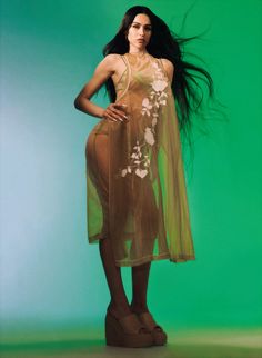 a woman with long hair standing in front of a green background wearing a sheer dress