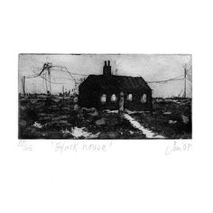 a black and white drawing of a house in the middle of a field with power lines