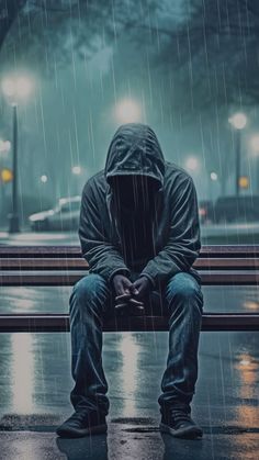 a man sitting on a bench in the rain with his hands clasped to his knees