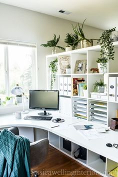 a desk with a computer on top of it and some plants in the back ground