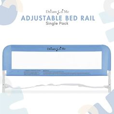 the adjustable bed rail is blue and has white rails on each side, along with an ad