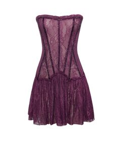 Introducing our Verna, a captivating strapless lace mini that exudes elegance. Adorned with hand-placed deep purple rhinestones along the neckline and bone casing, this design boasts a fully boned drop-waist corset with ruffle lace detailing. The two layers of ruched purple lace create a mesmerizing mini-skirt. Crafted from a gorgeous stretch lace, the bodice is lined with purple mesh, while the unlined skirt offers a semi-sheer allure. Complete with an invisible zipper at the center back, this Miss Circle Dress, Couture, Haute Couture, Megan Fox Purple Dress, Purple Corset Dresses, Mini Dresses Corset, Cool Mini Dress, Boned Corset Dress, Maroon Corset Dress