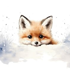 a watercolor painting of a baby fox peeking out from behind a snow covered wall