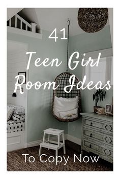 a bedroom with a hanging chair in the corner and text that reads, teen girl room ideas