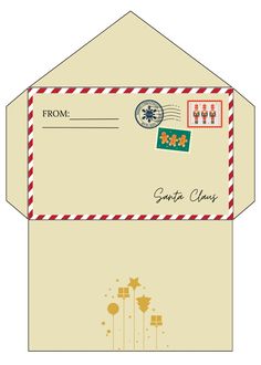 an envelope with stamps on the front and bottom, in red and white striped paper