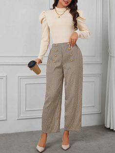 Gigot Sleeve Tee & Plaid Print Wide Leg Pants Multicolor Elegant    Houndstooth,Plaid  High Stretch All Women Clothing, size features are:Bust: ,Length: ,Sleeve Length: Plaid Pants Heels, Wide Leg Houndstooth Pants, Gigot Sleeve, Leg Of Mutton Sleeve, Plaid Trousers, Stylish Eve, Women Crew Socks, Printed Wide Leg Pants, Wear To Work