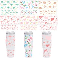 thermos travel mugs are designed with hearts, flowers and other things on them