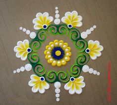 an artistic design on the floor with yellow and white flowers