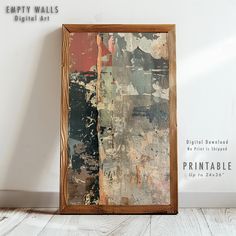 an old wooden frame with paint on it sitting next to a wall sign that reads empty walls digital art