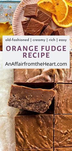 orange fudge recipe on a plate with slices cut out