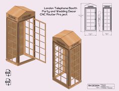 a wooden phone booth is shown with plans for the front and side doors on it