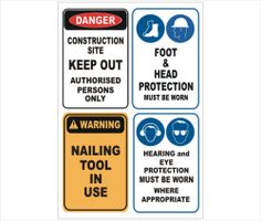 three warning signs on white background, including foot and nailing instructions to keep your feet safe