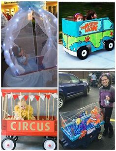 various pictures of people and cars with balloons in the shape of animals, children's toys