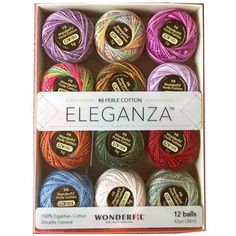 8wt Eleganza Pack of 12, Variegated 1  Eleganza™, a gorgeous 8wt, 2-ply 100% long staple Egyptian cotton thread, is now available in packs perfect for those looking for a great starter set or gift idea! This beautiful variegated pack comes with twelve 42-yard (5g, 38m) balls Big Stitch Quilting, Alexandria Va, Kantha Stitch, English Paper Piecing, Paper Piecing