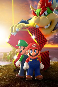 mario and luigi are standing next to each other in front of an image of the same character