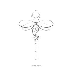 a line drawing of a dragonfly on a stick with the moon in the background